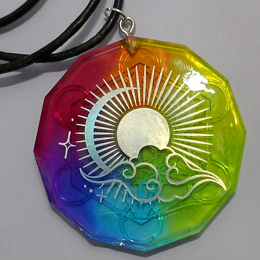 Rainbow Metatron’s Cube Pendant – Sacred Geometry Resin Necklace with Celestial Backing