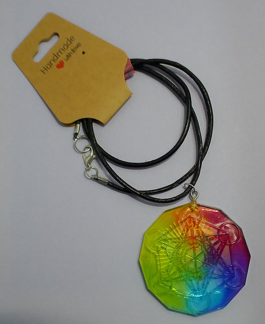 Rainbow Metatron’s Cube Pendant – Sacred Geometry Resin Necklace with Celestial Backing